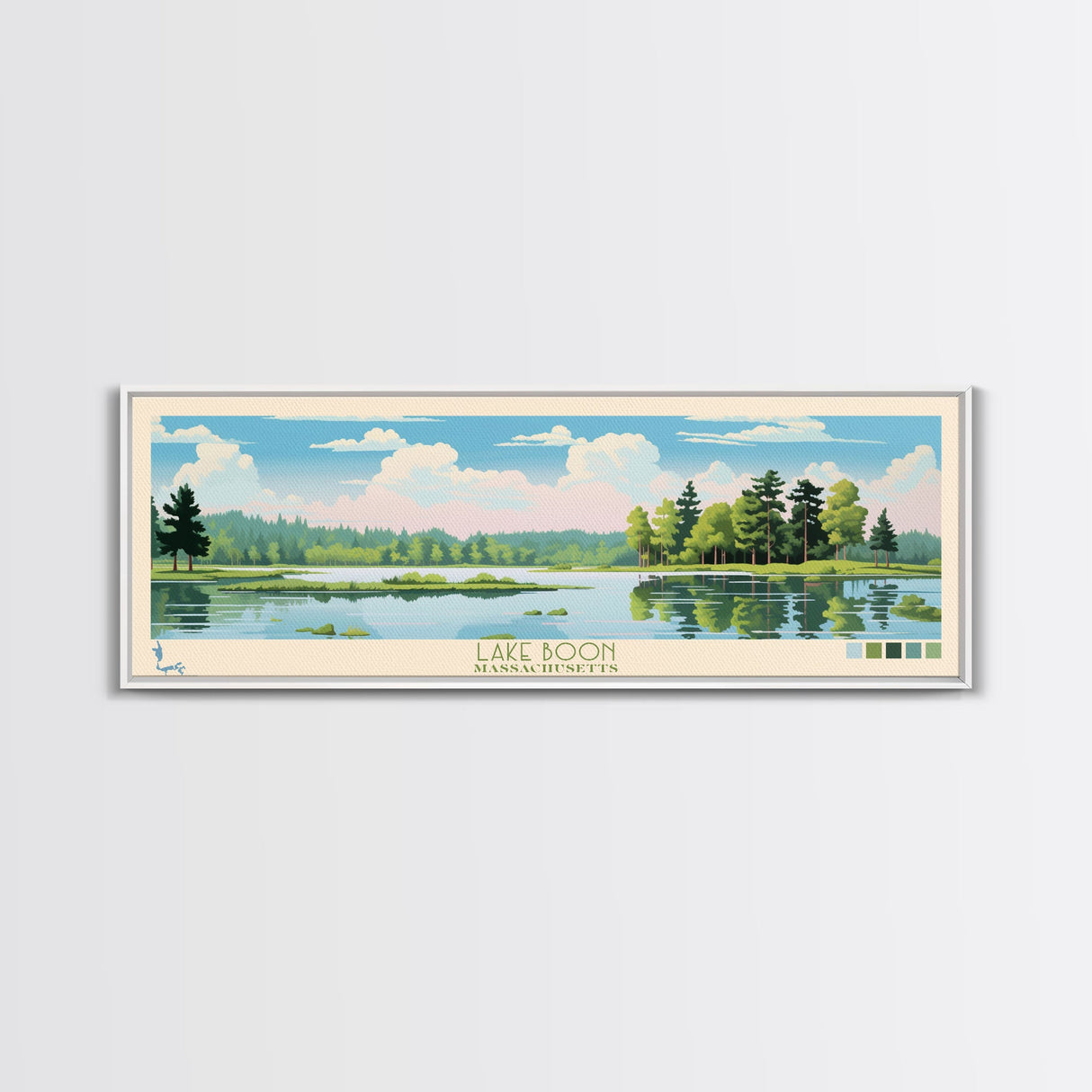 Lake Boon Massachusetts Framed Canvas Print, Panoramic Art, Midcentury Modern, Pop Art, Living Room Wall Art, Travel Poster, Lake House Decor