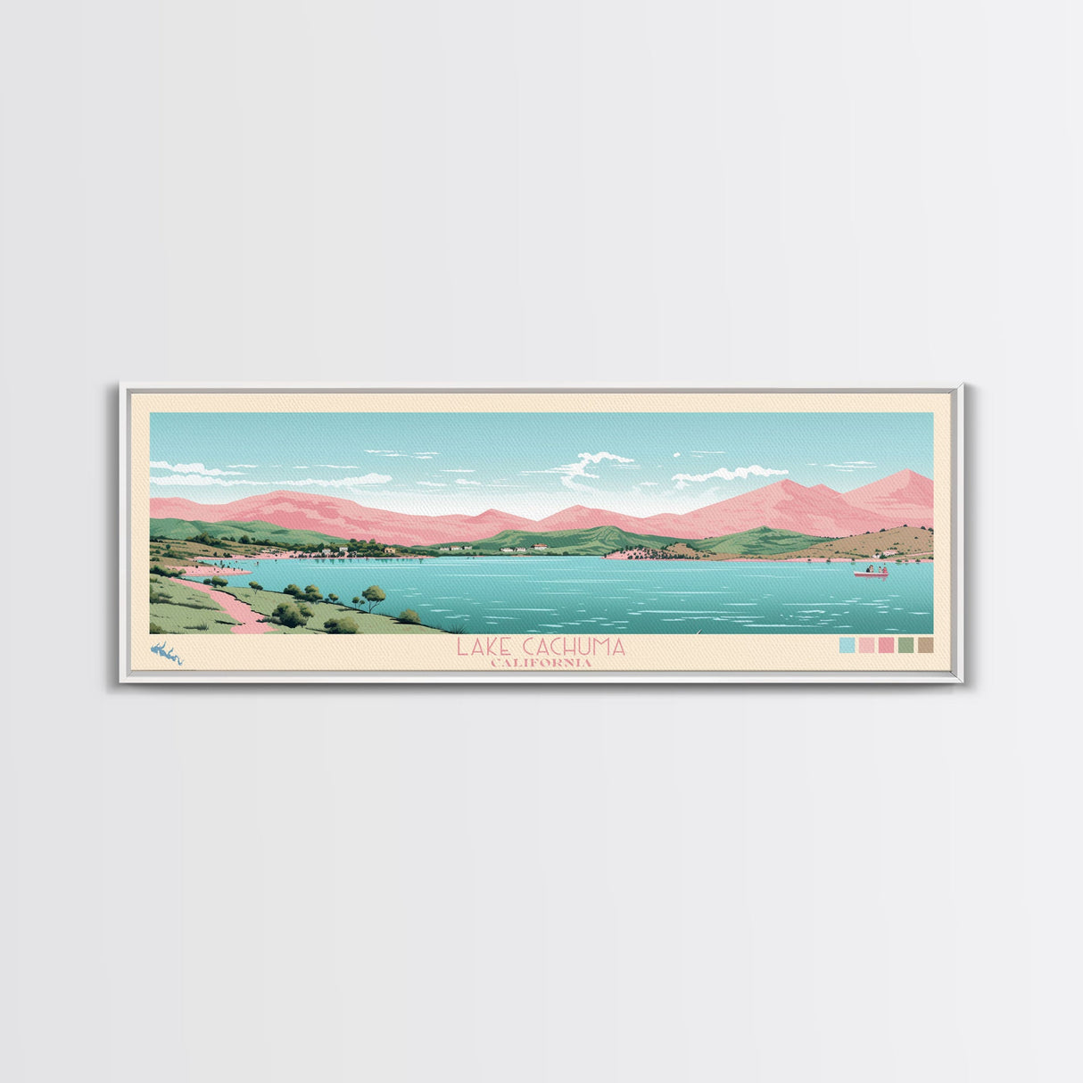 Lake Cachuma California Framed Canvas Print, Panoramic Art, Midcentury Modern, Pop Art, Living Room Wall Art, Travel Poster, Lake House Decor