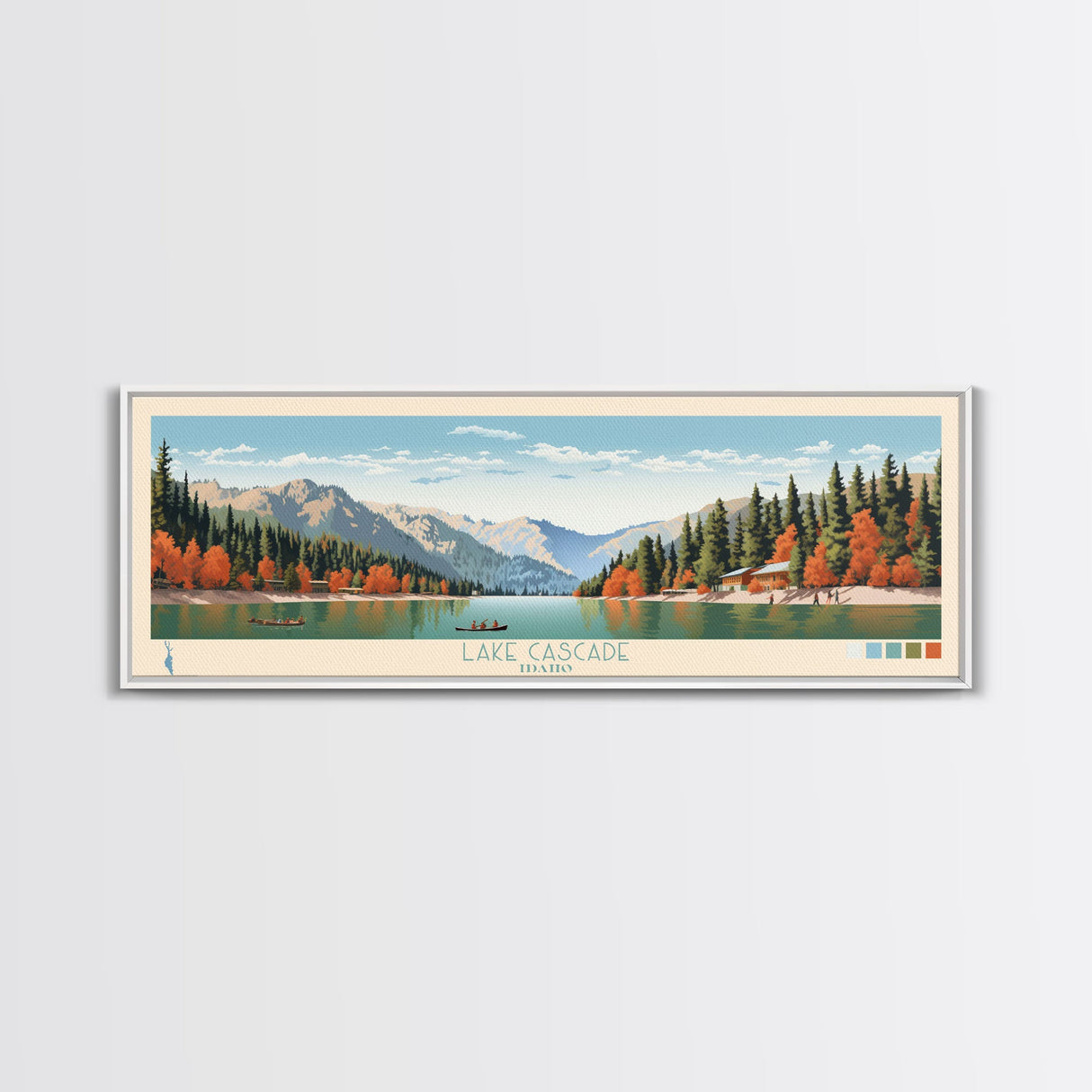 Lake Cascade Idaho Framed Canvas Print, Panoramic Art, Midcentury Modern, Pop Art, Living Room Wall Art, Travel Poster, Lake House Decor