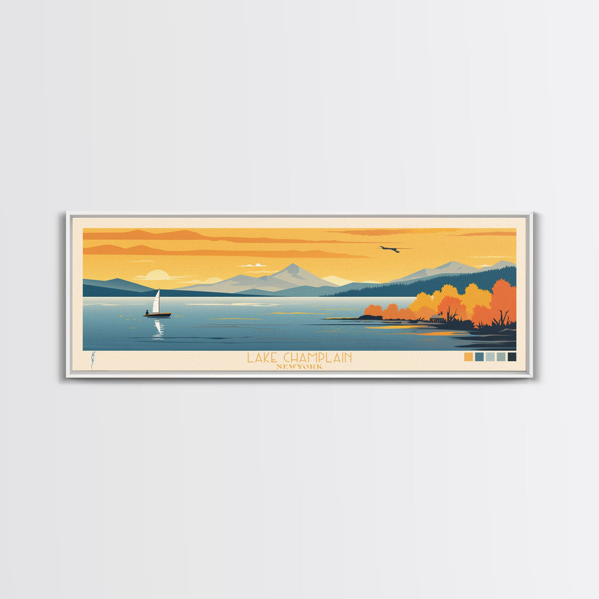 Lake Champlain New York Vermont Framed Canvas Print, Panoramic Art, Midcentury Modern, Pop Art, Living Room Wall Art, Travel Poster, Lake House Decor