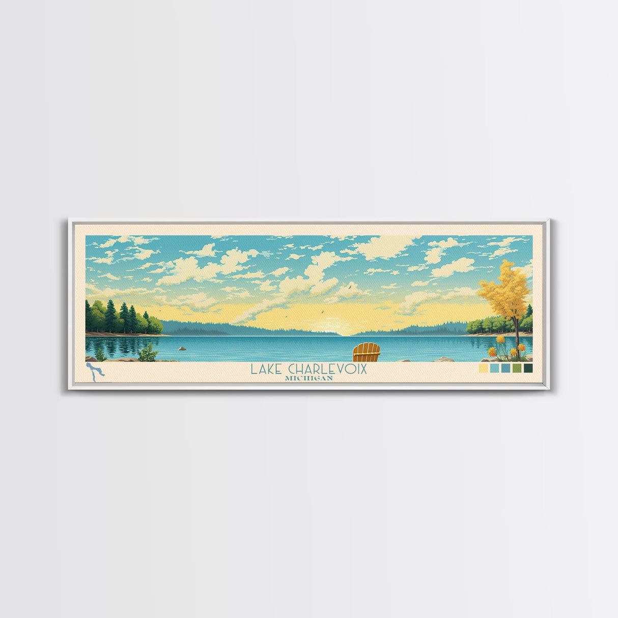 Lake Charlevoix Michigan Framed Canvas Print, Panoramic Wall Art, Midcentury Modern, Pop Art, Bedroom Decor, Travel Poster, Living Room Art