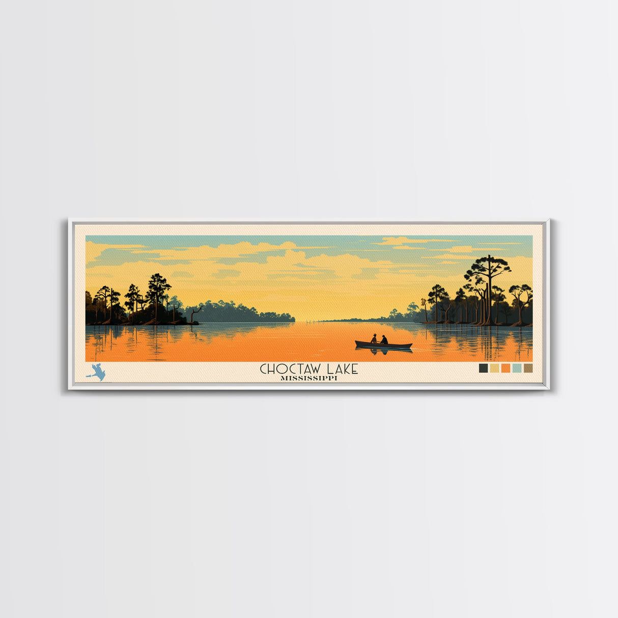 Lake Choctaw Framed Canvas Print, Panoramic Art, Midcentury Modern, Pop Art, Living Room Wall Art, Travel Poster, Lake House Decor