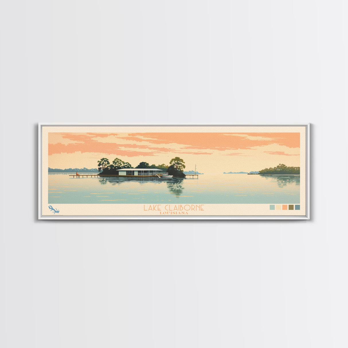 Lake Claiborne Louisiana Framed Canvas Print, Panoramic Wall Art, Midcentury Modern, Pop Art, Bedroom Decor, Travel Poster, Living Room Art