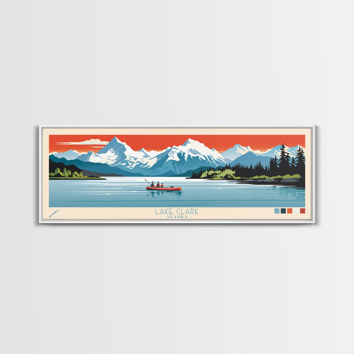 Lake Clark Alaska Framed Canvas Print, Panoramic Wall Art, Midcentury Modern, Pop Art, Bedroom Decor, Travel Poster, Living Room Art