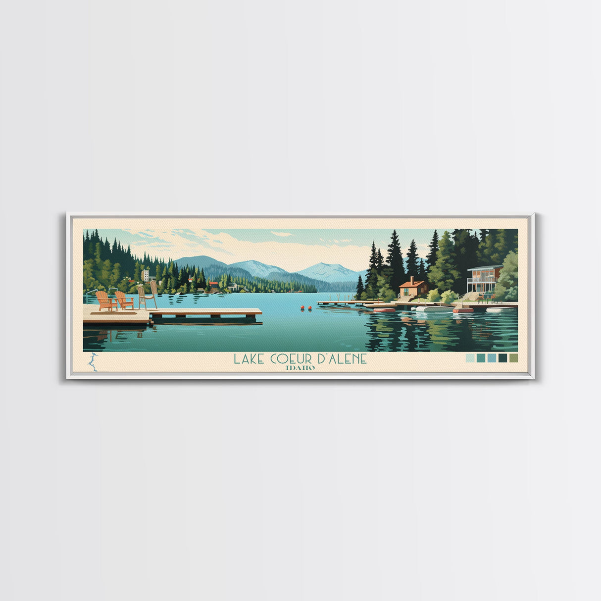 Lake Coeur dAlene Idaho Framed Canvas Print, Panoramic Art, Midcentury Modern, Pop Art, Living Room Wall Art, Travel Poster, Lake House Decor