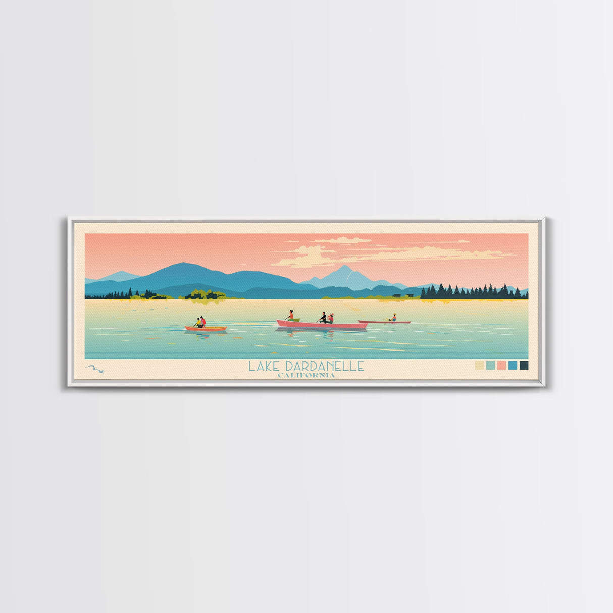 Lake Dardanelle California Framed Canvas Print, Panoramic Art, Midcentury Modern, Pop Art, Living Room Wall Art, Travel Poster, Lake House Decor