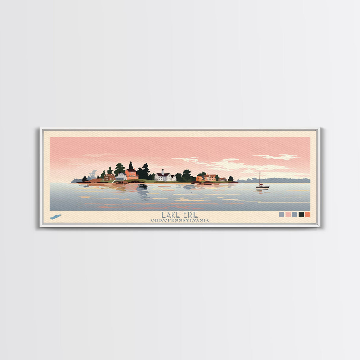 Lake Erie Ohio Pennsylvania Framed Canvas Print, Panoramic Art, Midcentury Modern, Pop Art, Living Room Wall Art, Travel Poster, Lake House Decor