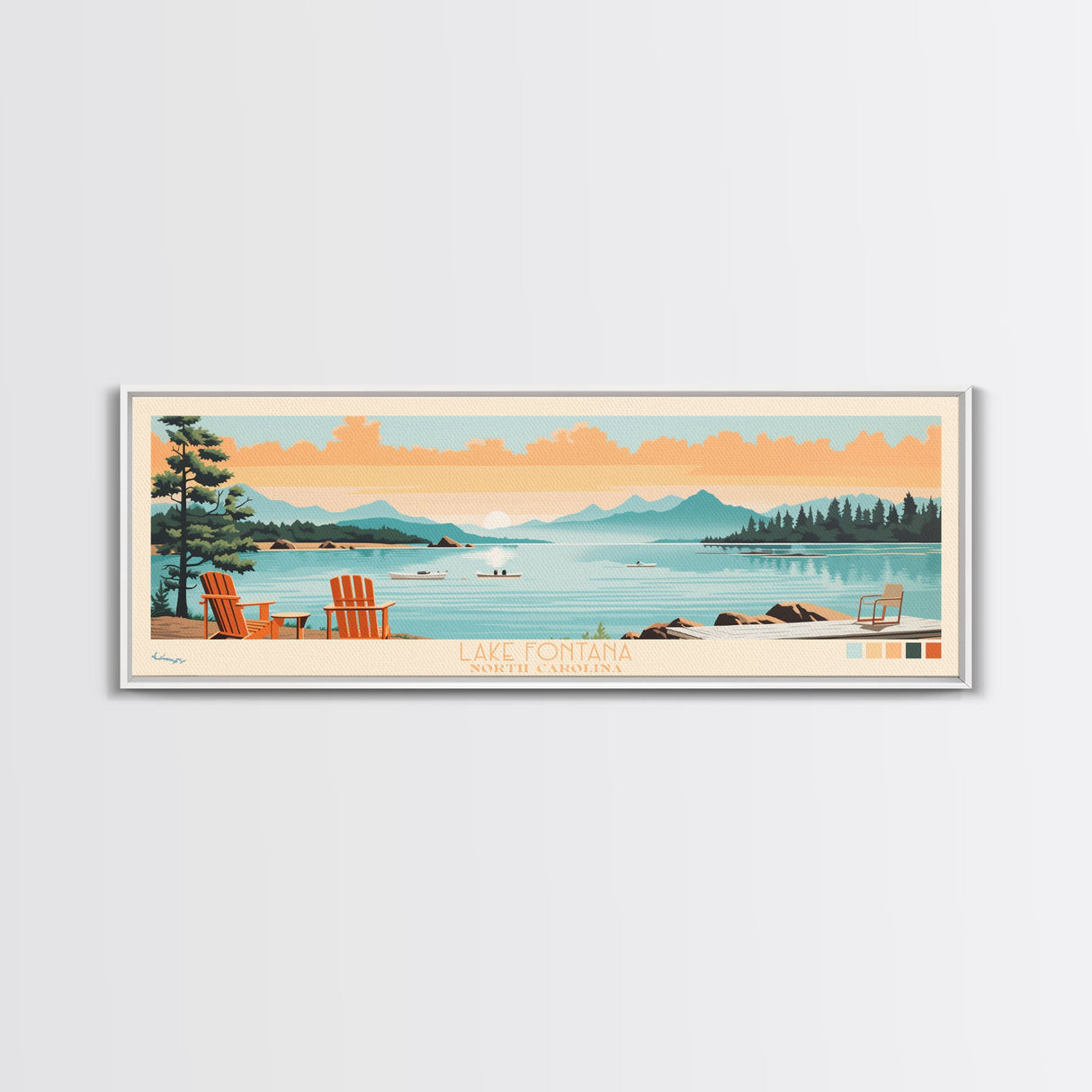 Lake Fontana North Carolina Framed Canvas Print, Panoramic Art, Midcentury Modern, Pop Art, Living Room Wall Art, Travel Poster, Lake House Decor