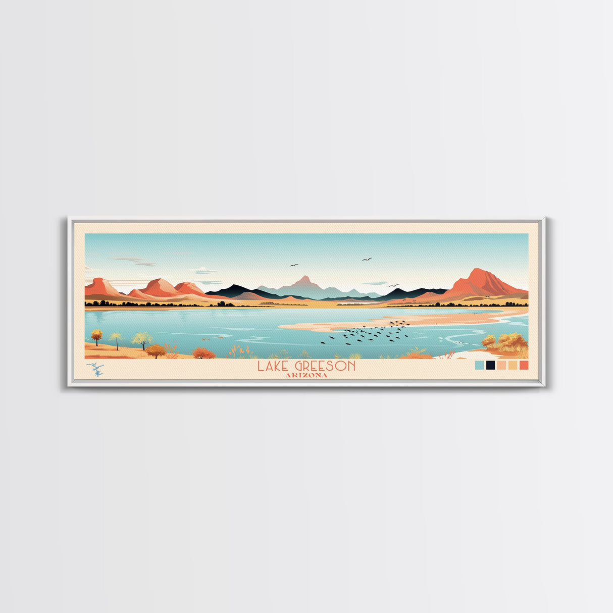 Lake Greeson Arizona Framed Canvas Print, Panoramic Wall Art, Midcentury Modern, Pop Art, Living Room Decor, Travel Poster, Bedroom Art