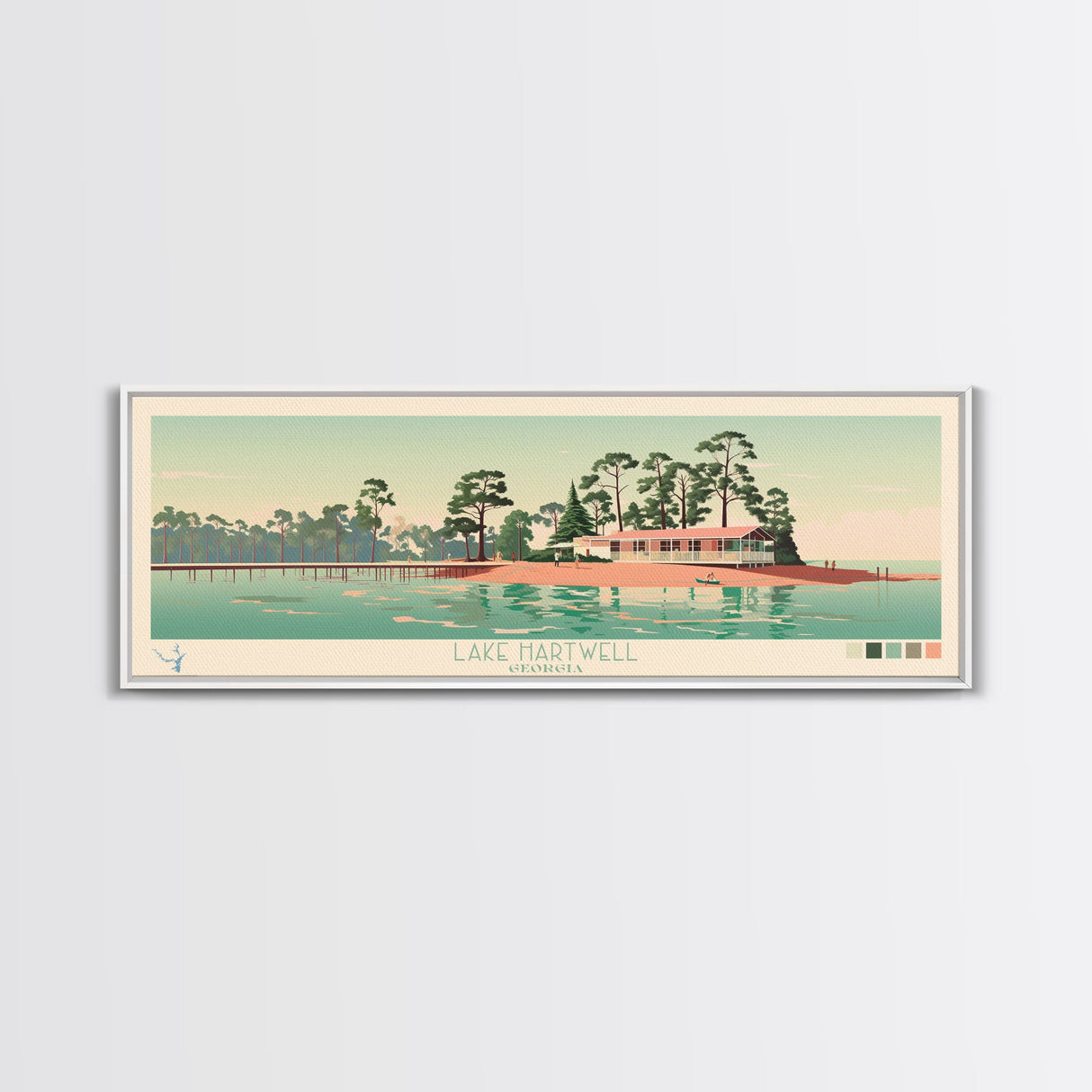 Lake Hartwell Georgia Framed Canvas Print, Panoramic Wall Art, Midcentury Modern, Pop Art, Lake House Art, Travel Poster, Bedroom Decor