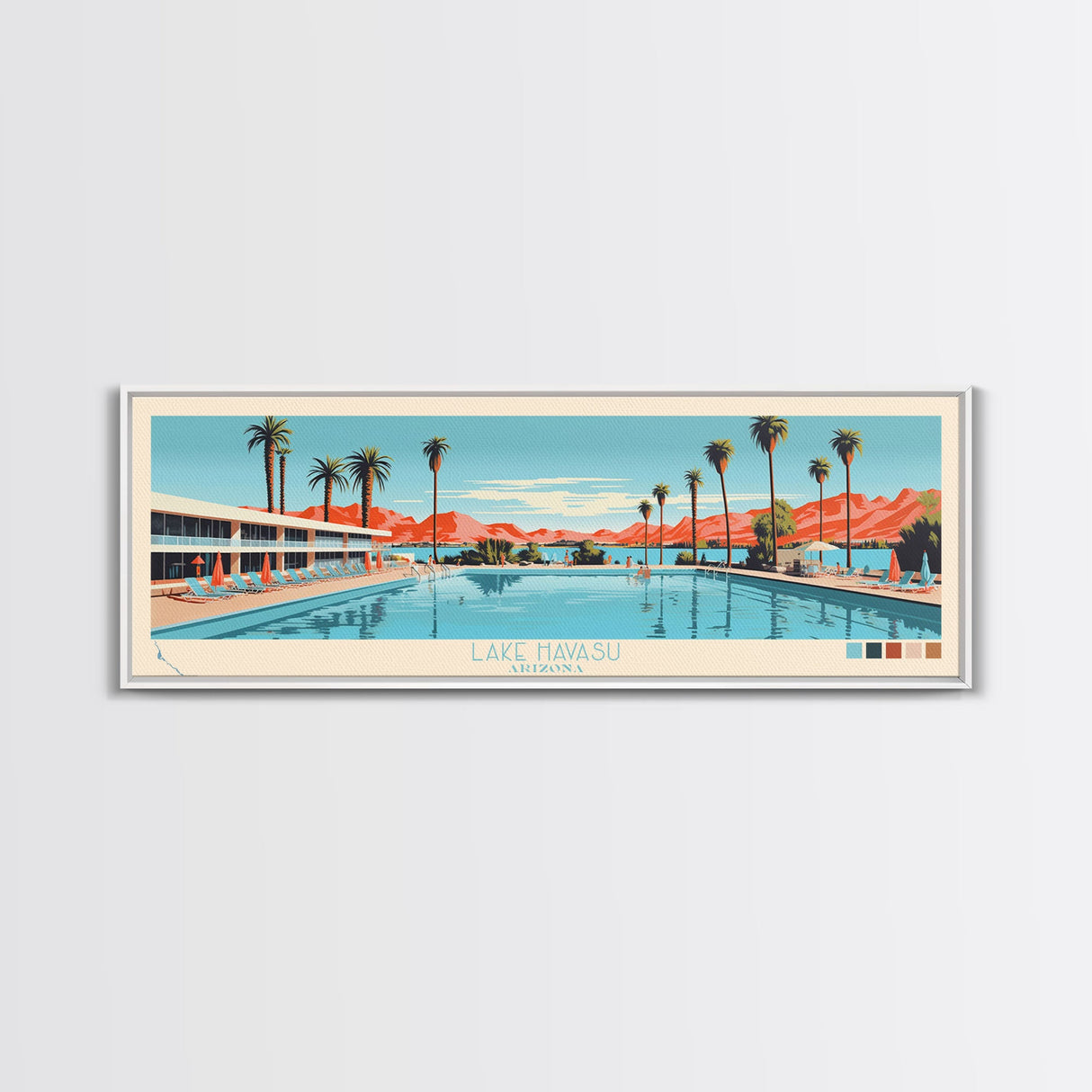 Lake Havasu Arizona Framed Canvas Print, Panoramic Wall Art, Midcentury Modern, Pop Art, Lake House Decor, Travel Poster, Living Room Art