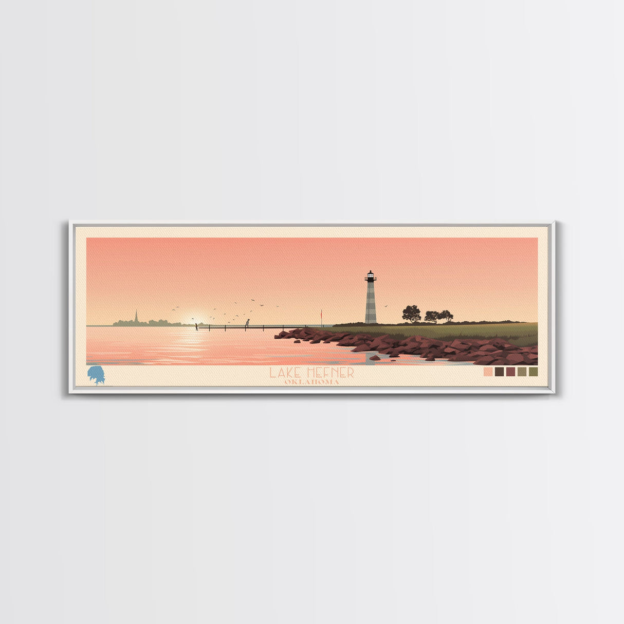 Lake Hefner Oklahoma Framed Canvas Print, Panoramic Wall Art, Midcentury Modern, Pop Art, Bedroom Art, Travel Poster, Living Room Decor