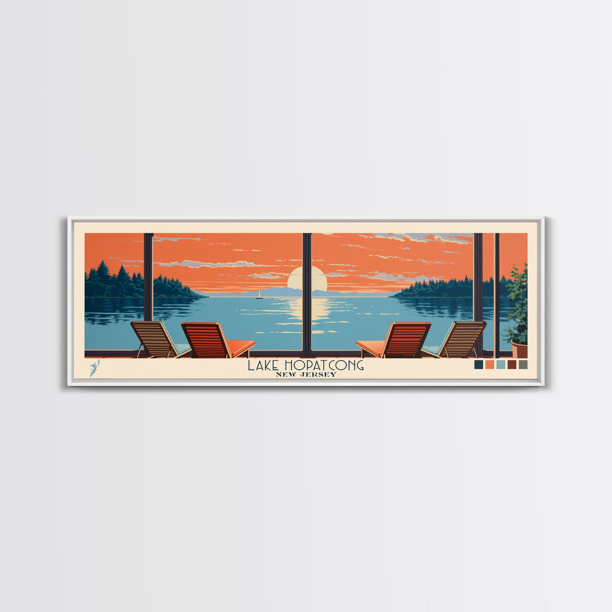 Lake Hopatcong New Jersey Framed Canvas Print, Panoramic Wall Art, Midcentury Modern, Pop Art, Living Room Decor, Travel Poster, Bedroom Art