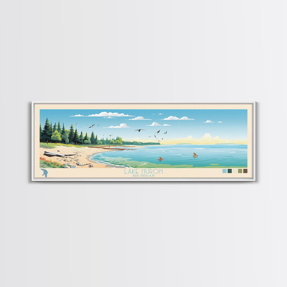 Lake Huron Michigan Framed Canvas Print, Panoramic Wall Art, Midcentury Modern, Pop Art, Living Room Decor, Travel Poster, Bedroom Art