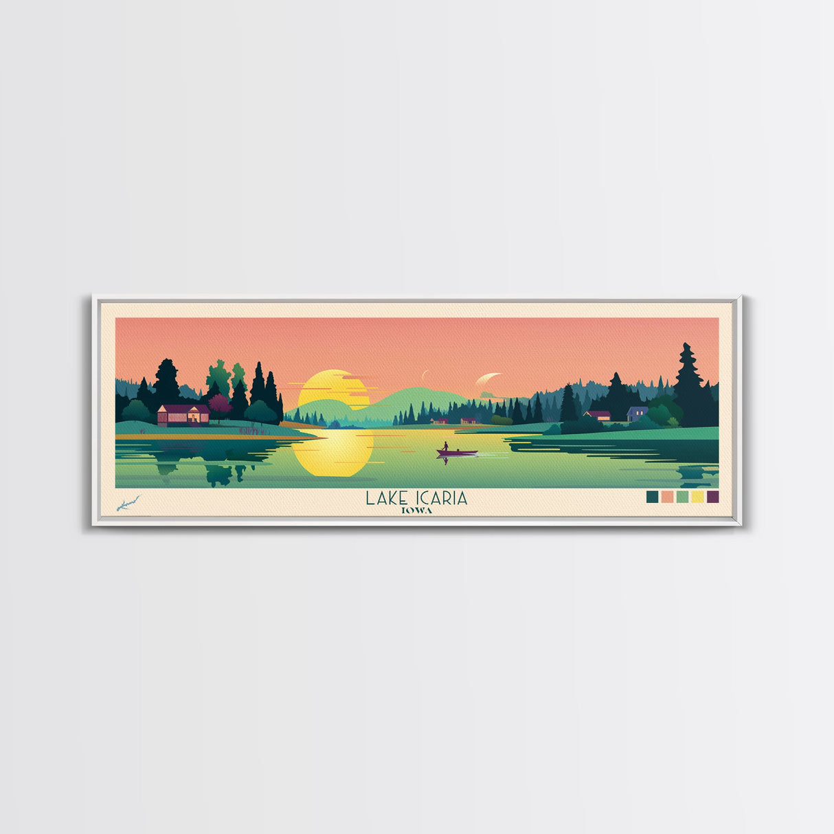 Lake Icaria Iowa Framed Canvas Print, Panoramic Wall Art, Midcentury Modern, Pop Art, Lake House Decor, Travel Poster, Bedroom Art