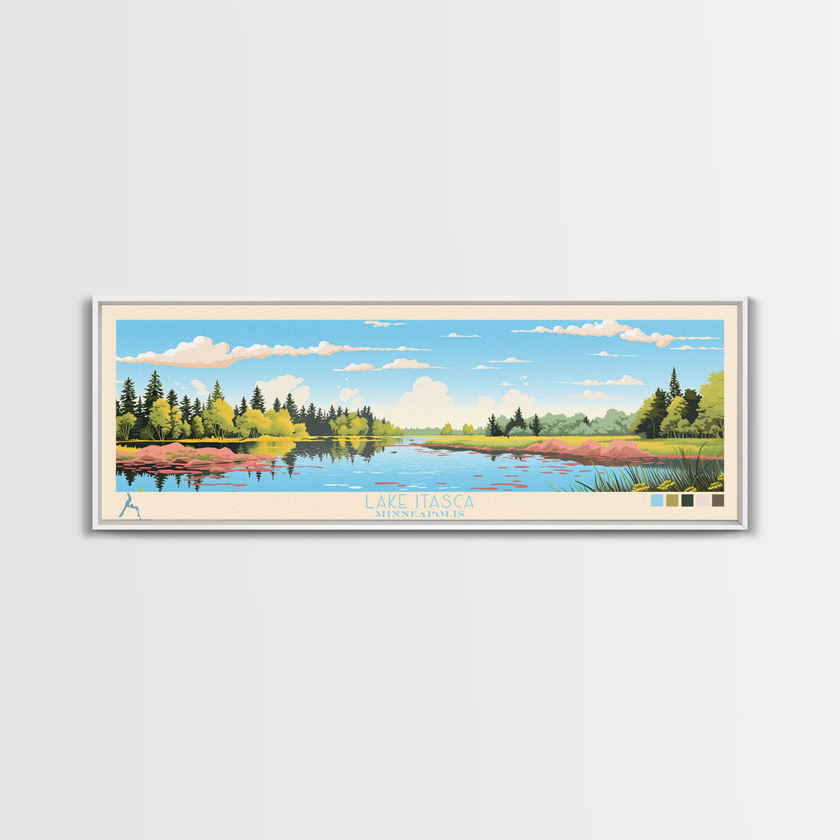 Lake Itasca Minneapolis Framed Canvas Print, Panoramic Wall Art, Midcentury Modern, Pop Art, Lake House Decor, Travel Poster, Bedroom Art