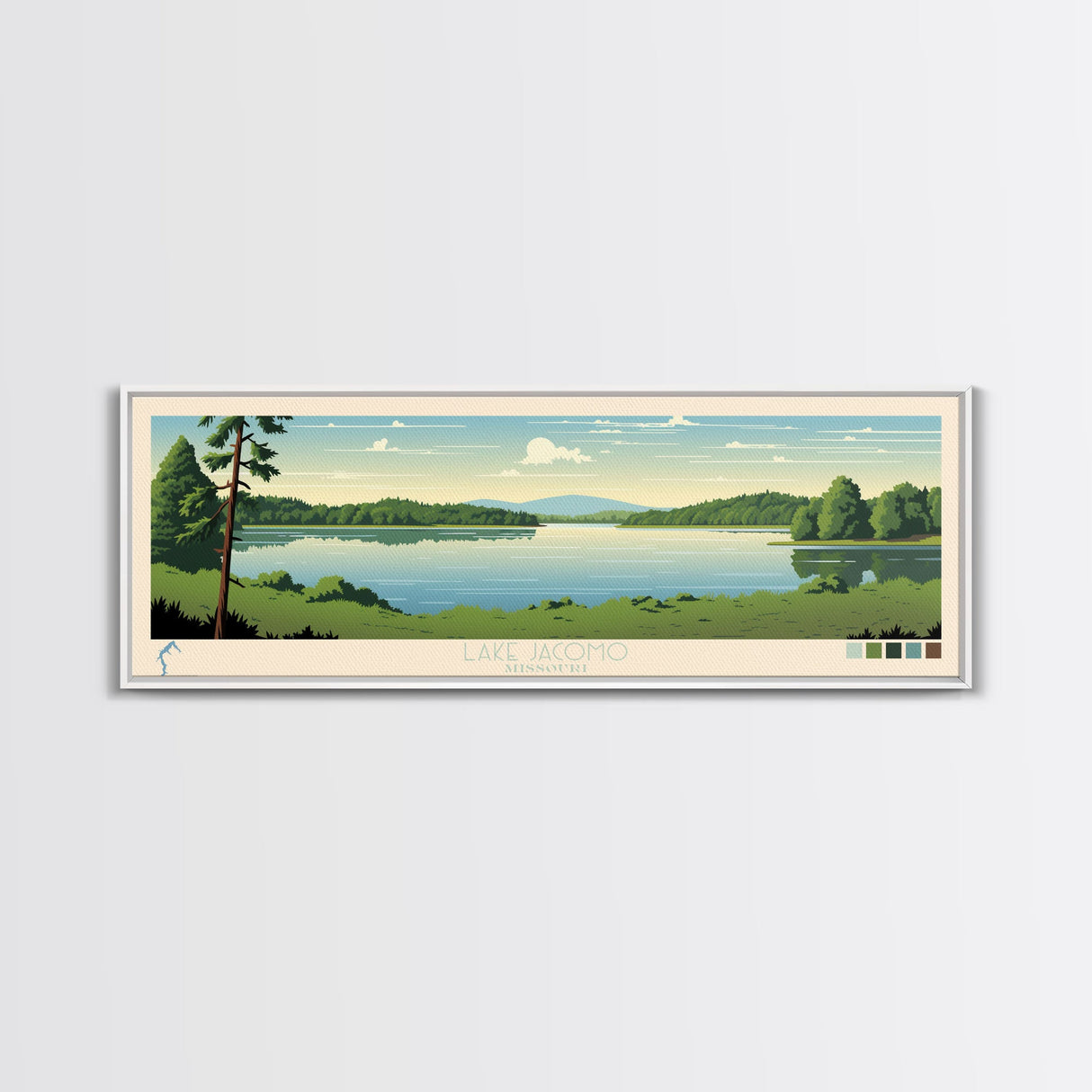 Lake Jacomo Missouri Framed Canvas Print, Panoramic Wall Art, Midcentury Modern, Pop Art, Lake House Decor, Travel Poster, Bedroom Art