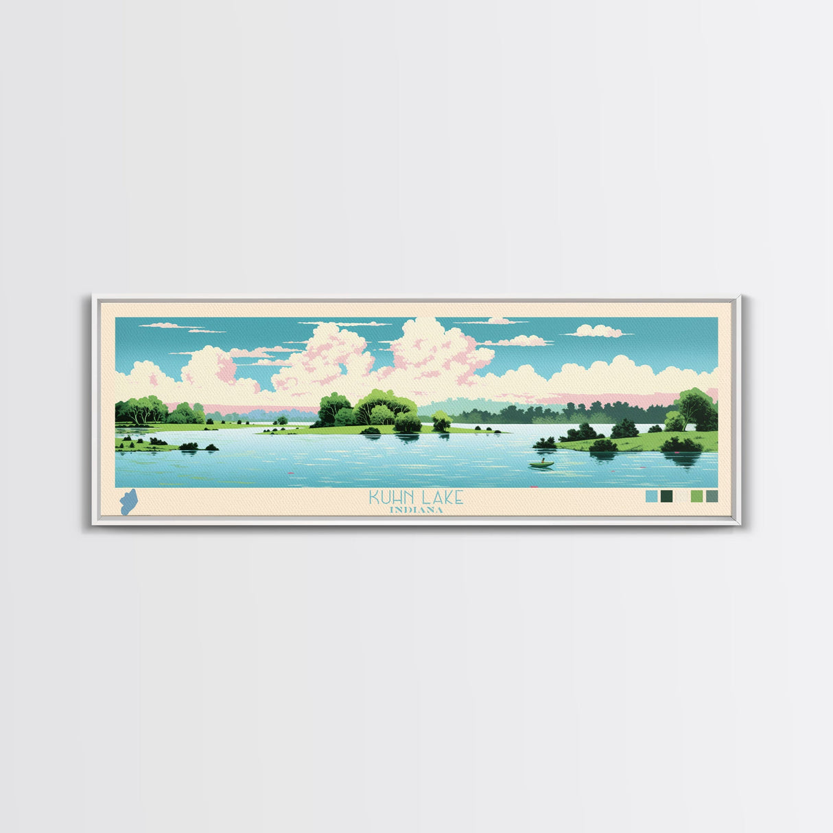 Lake Kuhn Indiana Framed Canvas Print, Panoramic Wall Art, Midcentury Modern, Pop Art, Lake House Decor, Travel Poster, Bedroom Art