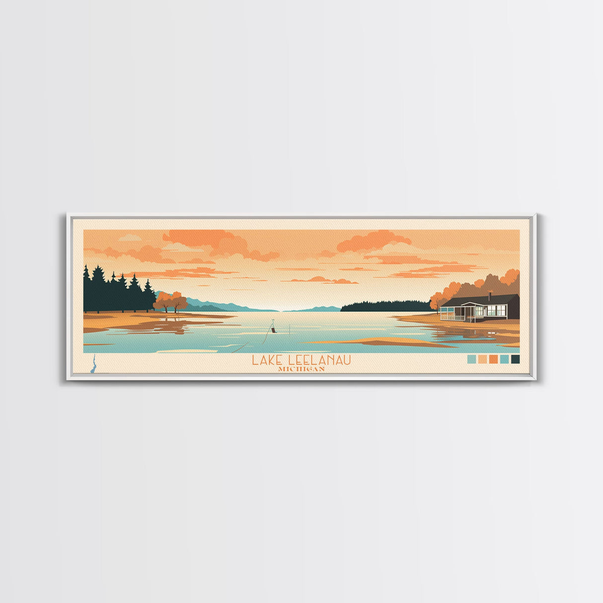 Lake Leelanau Michigan Framed Canvas Print, Panoramic Wall Art, Midcentury Modern, Pop Art, Living Room Decor, Travel Poster, Bedroom Art