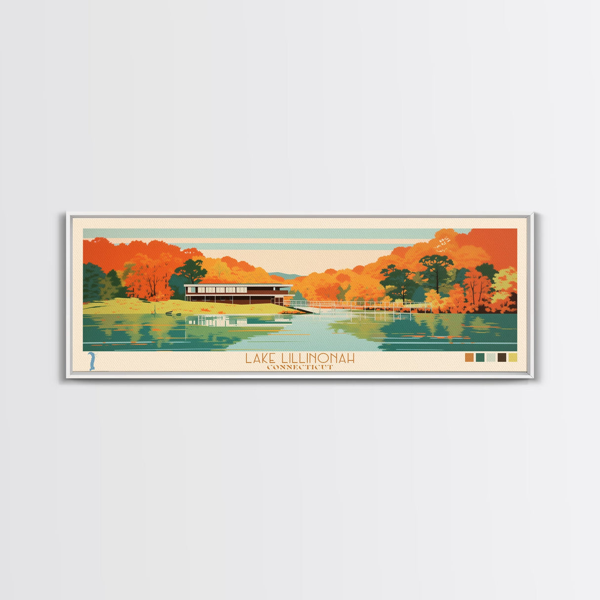 Lake Lillinonah Connecticut Framed Canvas Print, Panoramic Wall Art, Midcentury Modern, Pop Art, Living Room Decor, Travel Poster