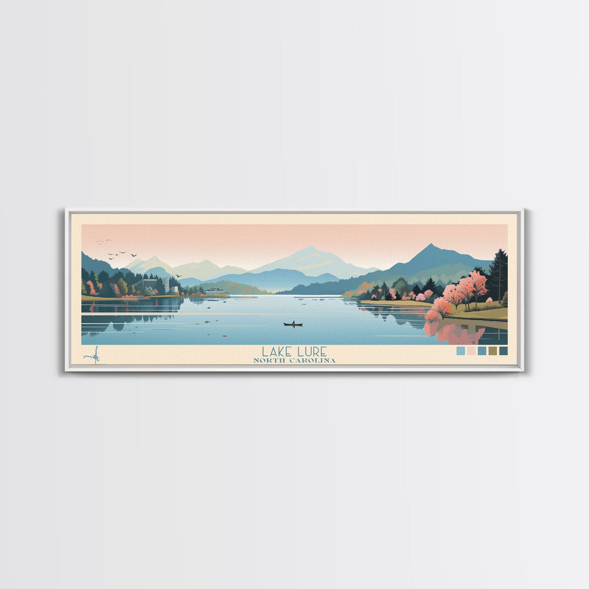 Lake Lure North Carolina Framed Canvas Print, Panoramic Wall Art, Midcentury Modern, Pop Art, Living Room Decor, Travel Poster