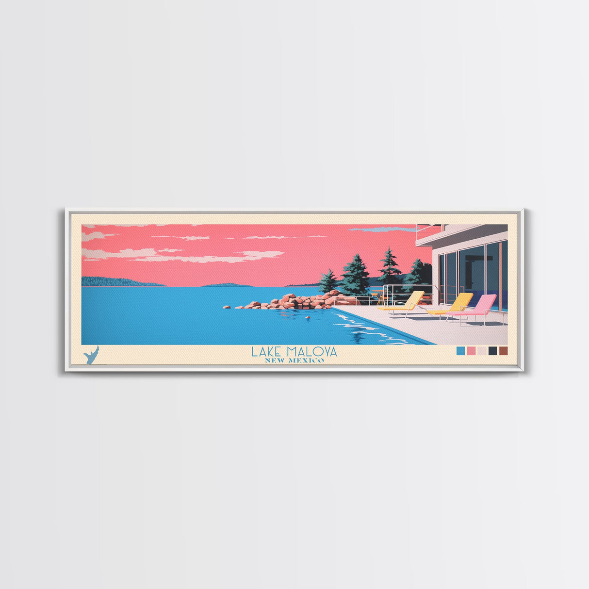 Lake Maloya New Mexico Framed Canvas Print, Panoramic Wall Art, Midcentury Modern, Pop Art, Bedroom Art, Travel Poster, Lake House Decor