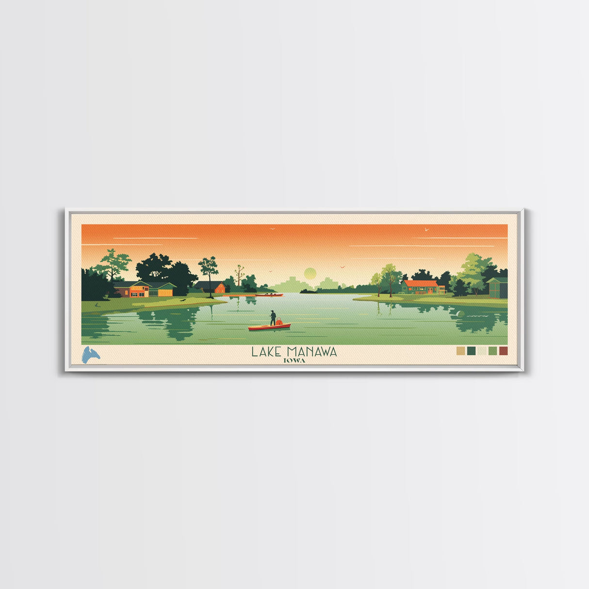 Lake Manawa Iowa Framed Canvas Print, Panoramic Wall Art, Midcentury Modern, Pop Art, Living Room Decor, Travel Poster