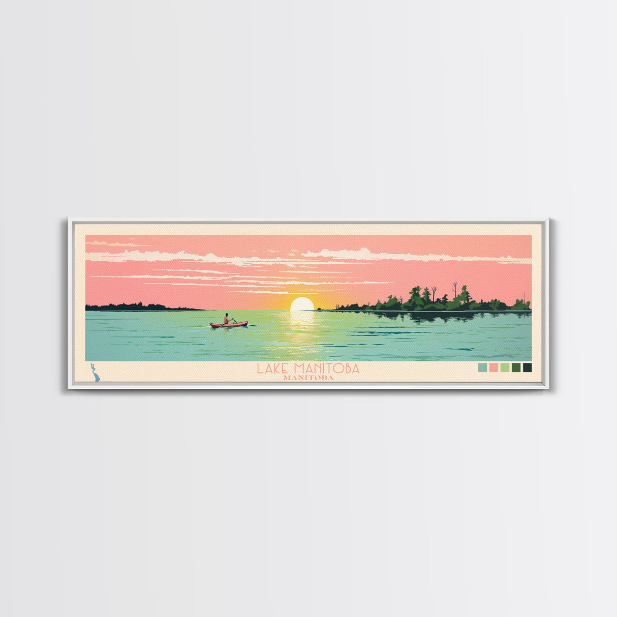 Lake Manitoba Manitoba Framed Canvas Print, Panoramic Wall Art, Midcentury Modern, Pop Art, Bedroom Art, Travel Poster, Lake House Decor