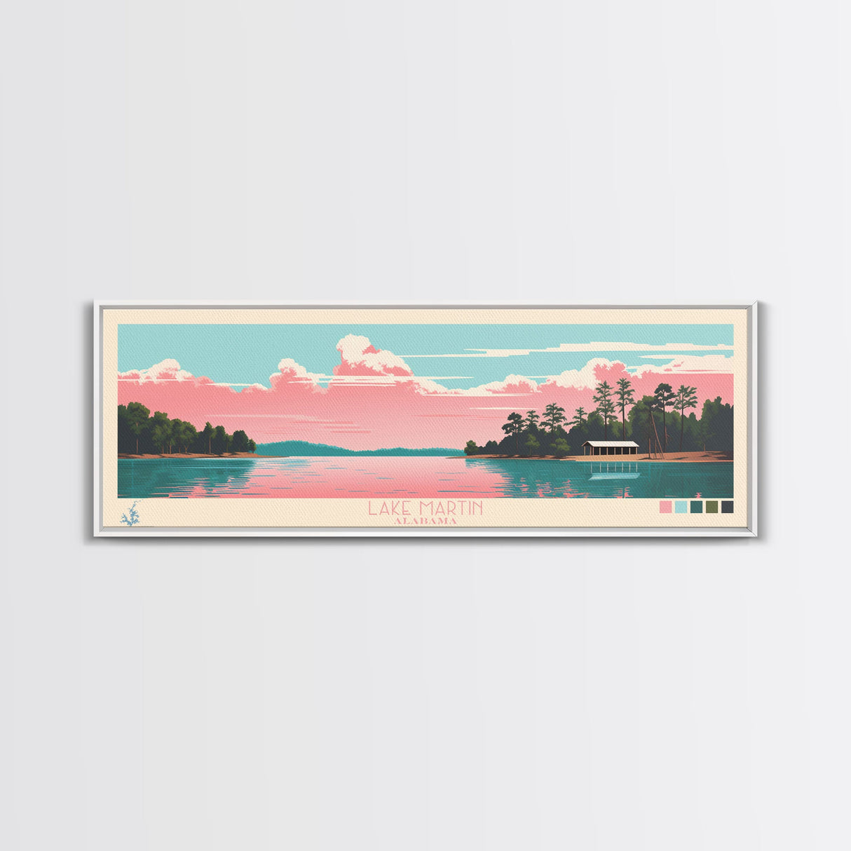 Lake Martin Alabama Framed Canvas Print, Panoramic Wall Art, Midcentury Modern, Pop Art, Living Room Decor, Travel Poster