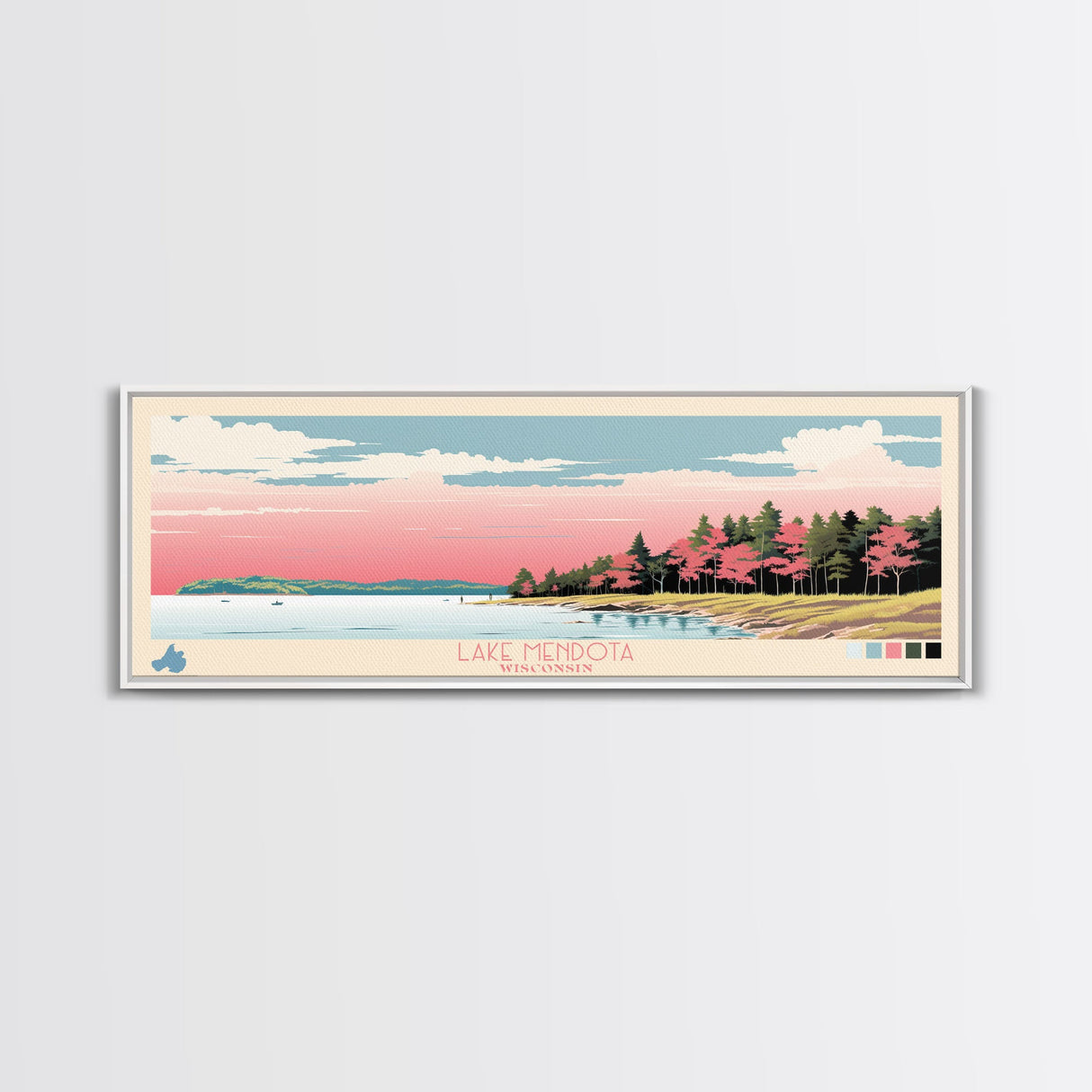 Lake Mendota Wisconsin Framed Canvas Print, Panoramic Wall Art, Midcentury Modern, Pop Art, Living Room Decor, Travel Poster