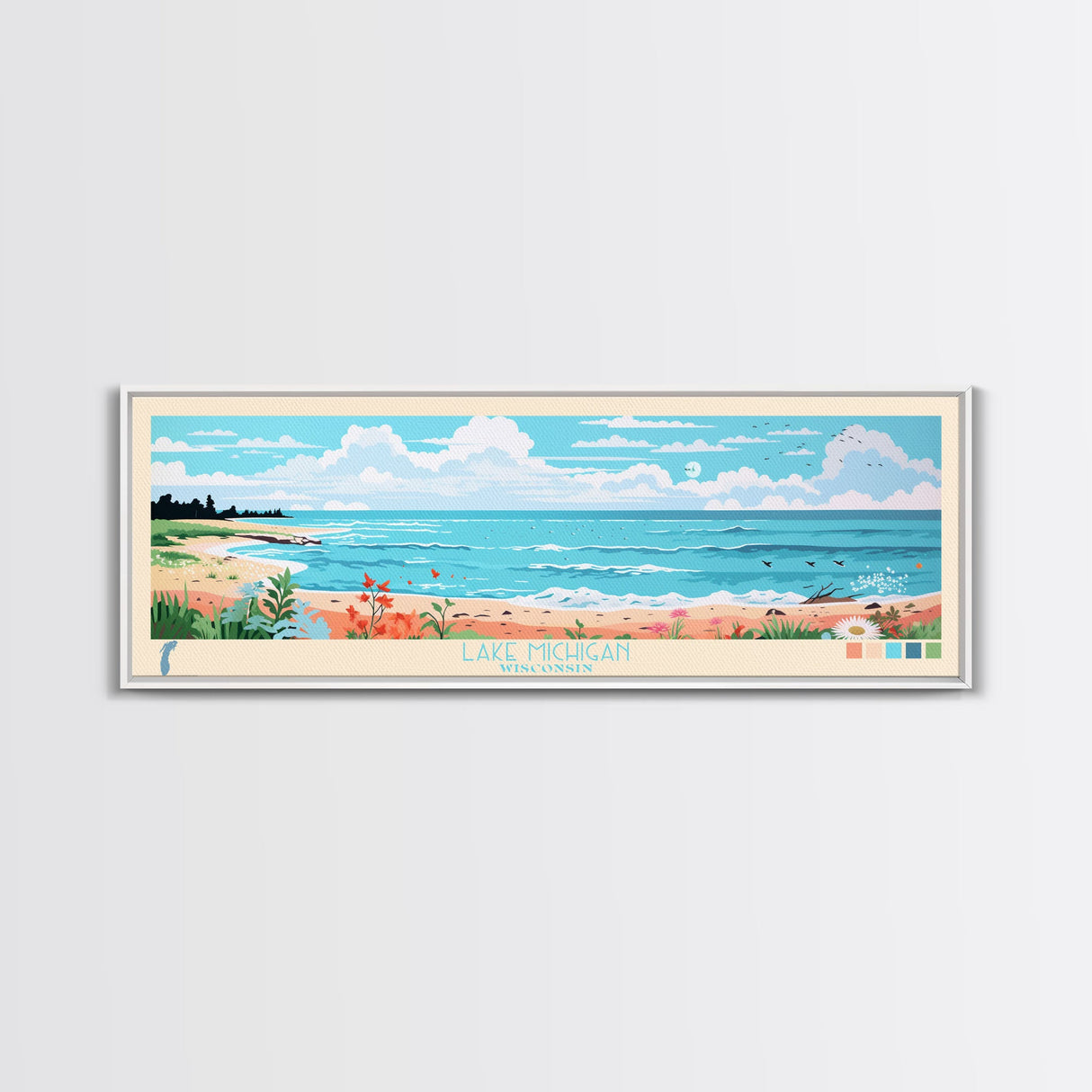 Lake Michigan Wisconsin Illinois Indiana Framed Canvas Print, Panoramic Wall Art, Midcentury Modern, Pop Art, Bedroom Art, Travel Poster, Lake House Decor