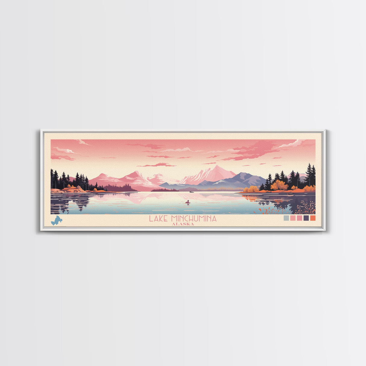 Lake Minchumina Alaska Framed Canvas Print, Panoramic Wall Art, Midcentury Modern, Pop Art, Bedroom Art, Travel Poster, Lake House Decor