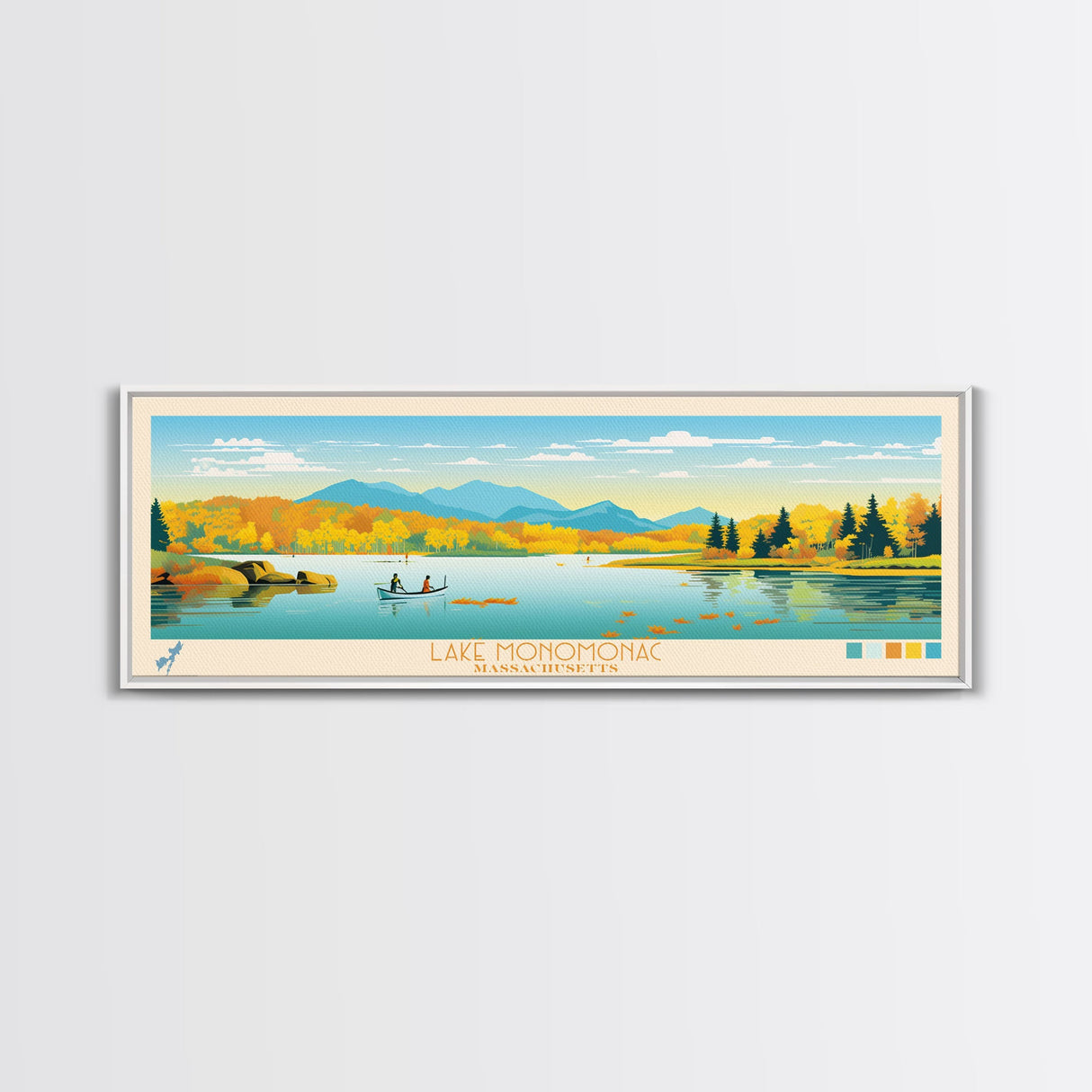 Lake Monomonac Massachusetts Framed Canvas Print, Panoramic Wall Art, Midcentury Modern, Pop Art, Bedroom Art, Travel Poster, Lake House Decor