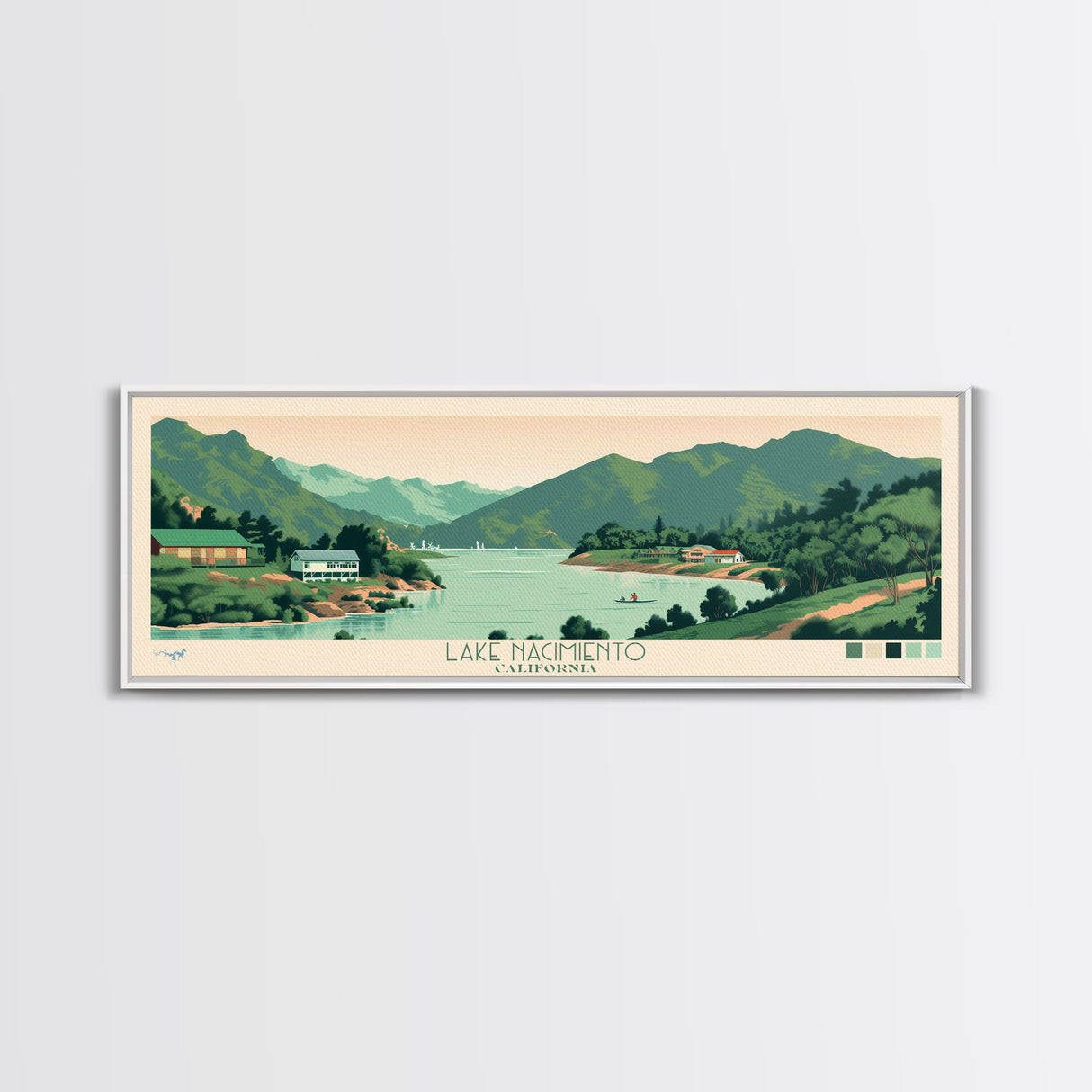 Lake Nacimiento California Framed Canvas Print, Panoramic Wall Art, Midcentury Modern, Pop Art, Living Room Decor, Travel Poster, Lake House Art