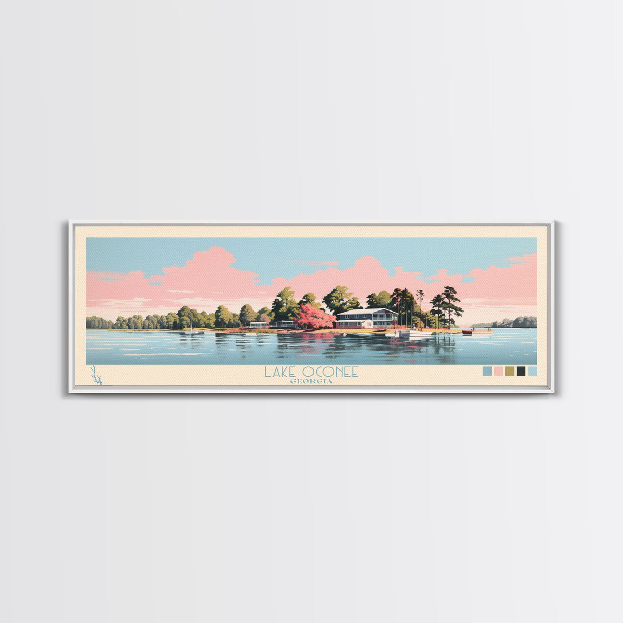 Lake Oconee Georgia Framed Canvas Print, Panoramic Wall Art, Midcentury Modern, Pop Art, Living Room Decor, Travel Poster, Lake House Art