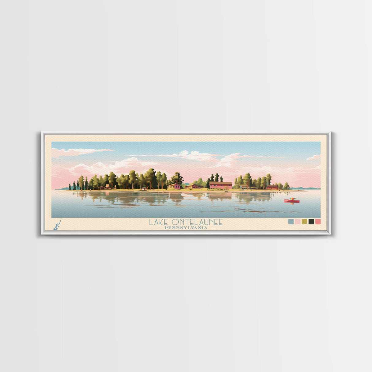 Lake Ontelaunee Pennsylvania Framed Canvas Print, Panoramic Wall Art, Midcentury Modern, Pop Art, Living Room Decor, Travel Poster, Lake House Art