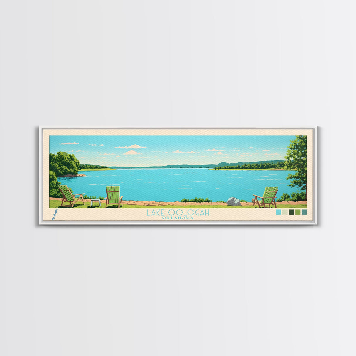 Lake Oologah Oklahoma Framed Canvas Print, Panoramic Wall Art, Midcentury Modern, Pop Art, Bedroom Art, Travel Poster, Lake House Decor