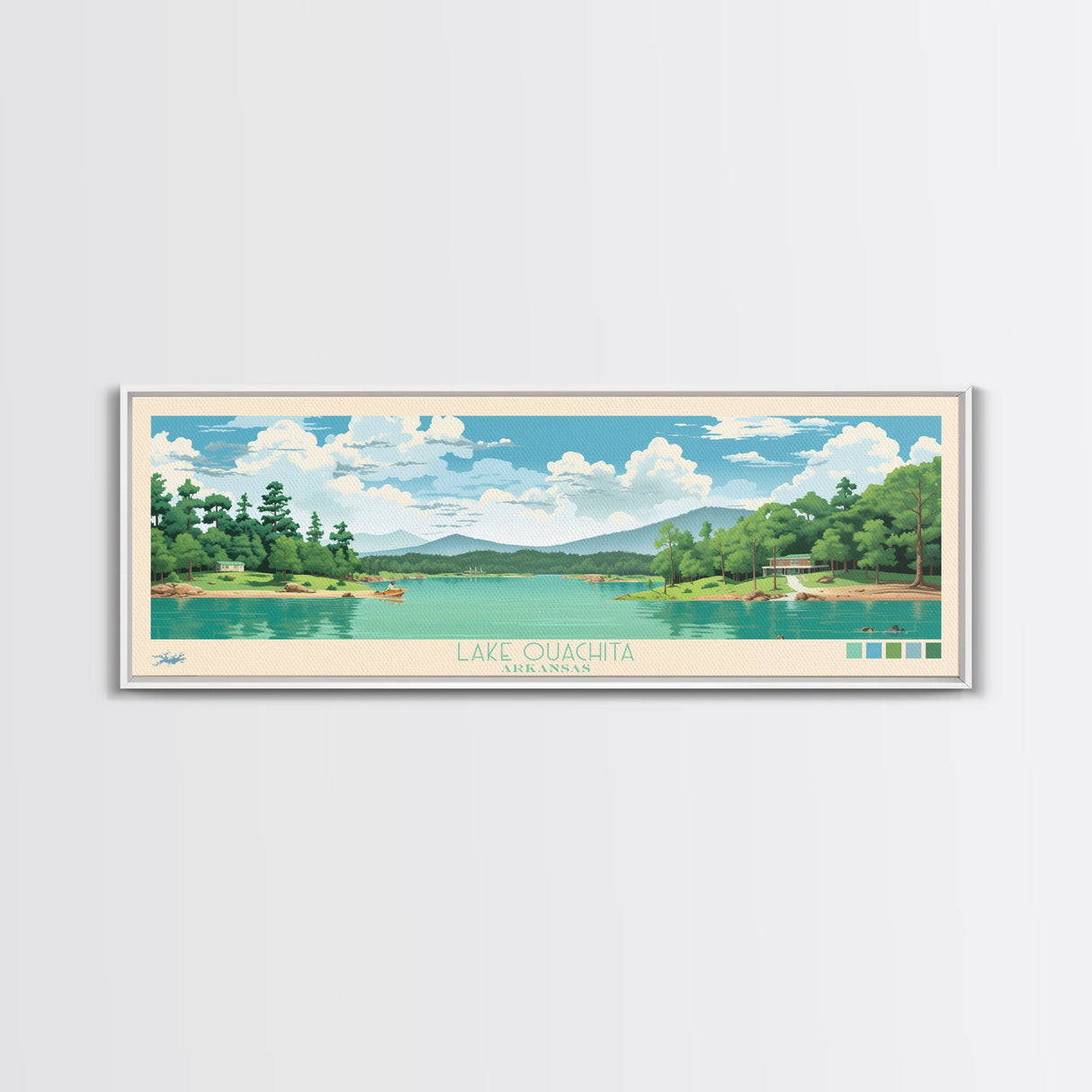 Lake Ouachita Arkansas Framed Canvas Print, Panoramic Wall Art, Midcentury Modern, Pop Art, Living Room Decor, Travel Poster, Lake House Art