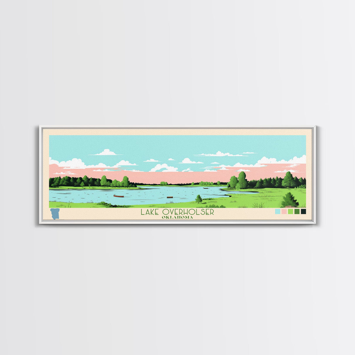 Lake Overholser Oklahoma Framed Canvas Print, Panoramic Wall Art, Midcentury Modern, Pop Art, Bedroom Art, Travel Poster, Lake House Decor