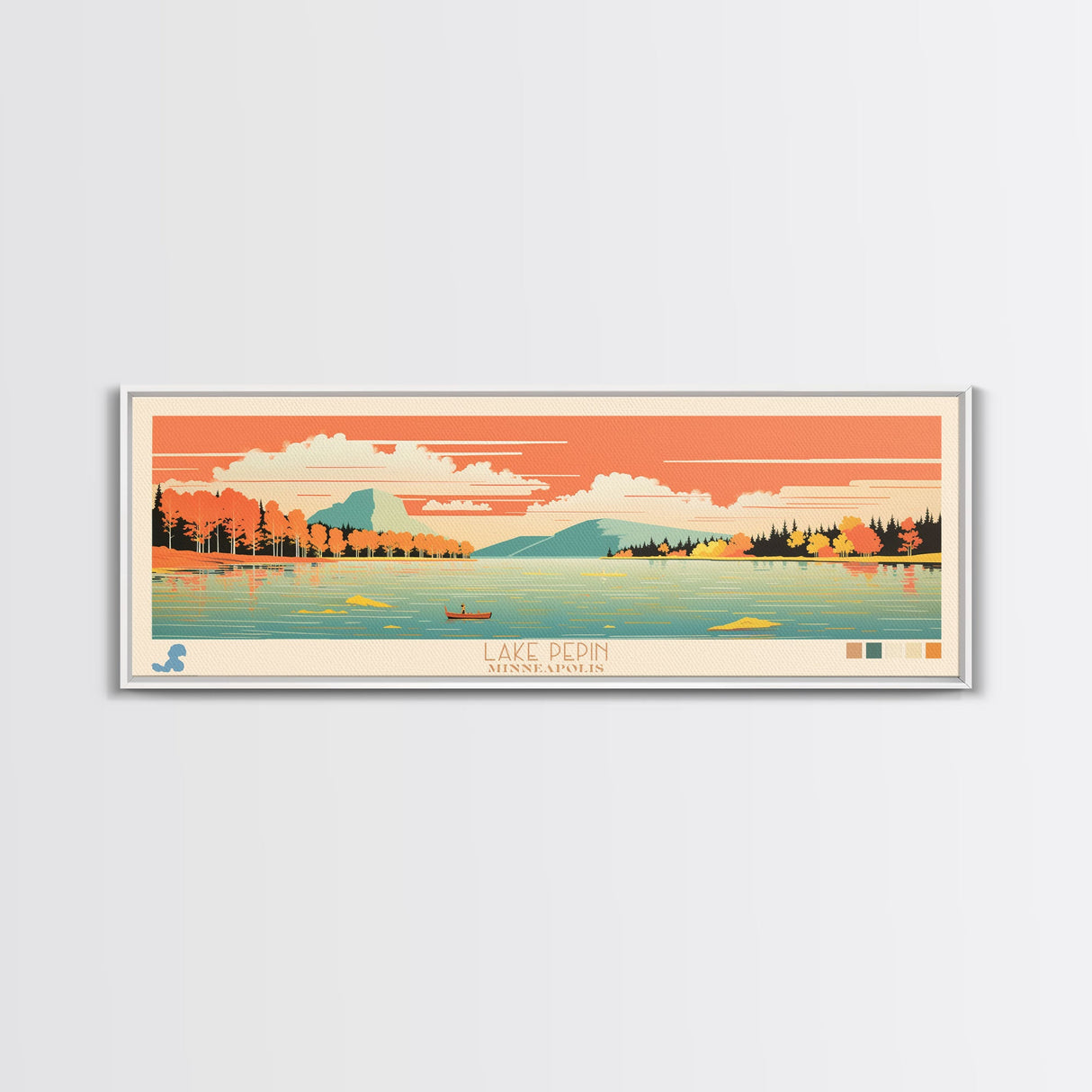 Lake Pepin Minneapolis Framed Canvas Print, Panoramic Wall Art, Midcentury Modern, Pop Art, Bedroom Art, Travel Poster, Lake House Decor