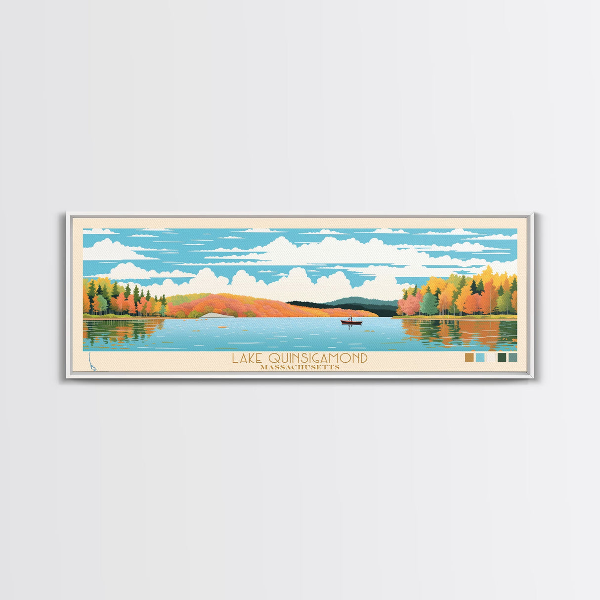 Lake Quinsigamond Massachusetts Framed Canvas Print, Panoramic Wall Art, Midcentury Modern, Pop Art, Bedroom Art, Travel Poster, Lake House Decor