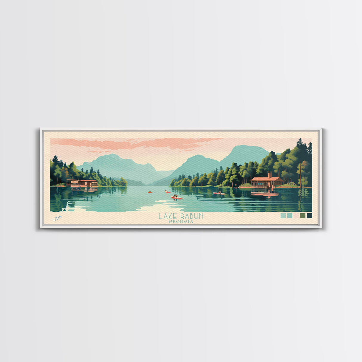 Lake Rabun Georgia Framed Canvas Print, Panoramic Wall Art, Midcentury Modern, Pop Art, Bedroom Art, Travel Poster, Lake House Decor