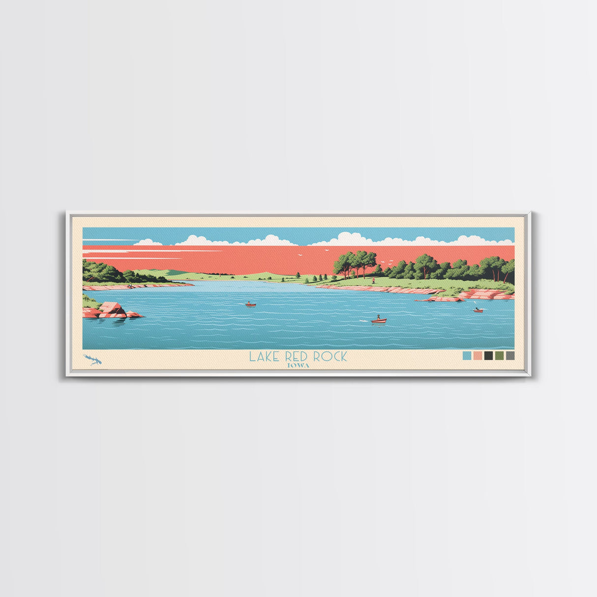 Lake Red Rock Iowa Framed Canvas Print, Panoramic Wall Art, Midcentury Modern, Pop Art, Living Room Decor, Travel Poster, Lake House Art