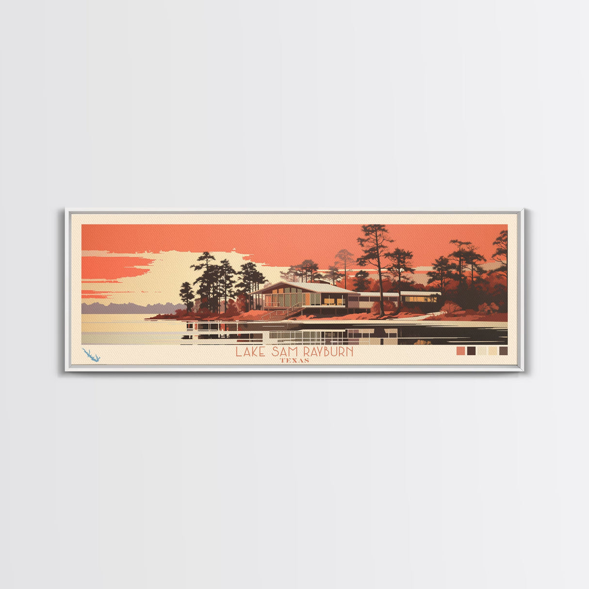 Lake Sam Rayburn Texas Framed Canvas Print, Panoramic Wall Art, Midcentury Modern, Pop Art, Living Room Decor, Travel Poster, Lake House Art