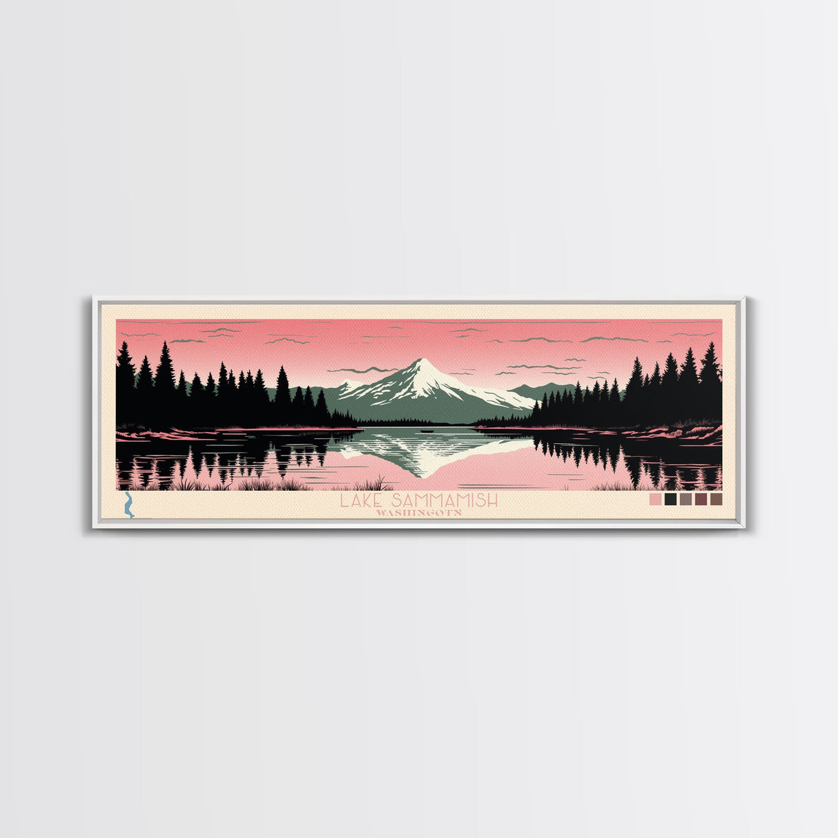 Lake Sammamish Washington Framed Canvas Print, Panoramic Wall Art, Midcentury Modern, Pop Art, Bedroom Art, Travel Poster, Lake House Decor