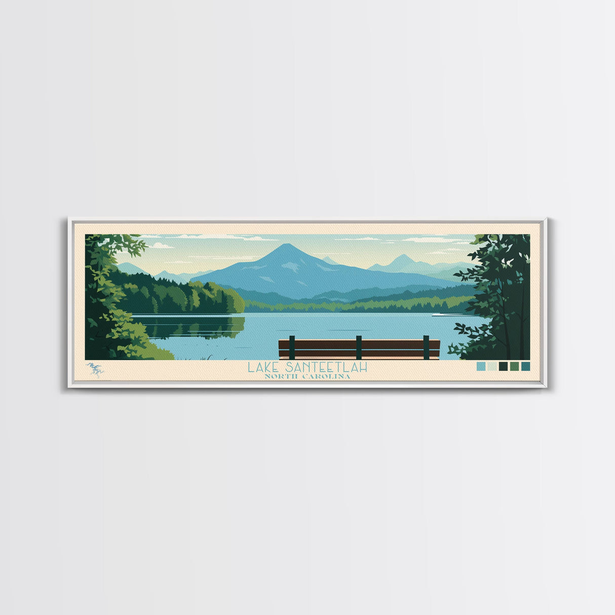 Lake Santeetlah North Carolina Framed Canvas Print, Panoramic Wall Art, Midcentury Modern, Pop Art, Living Room Decor, Travel Poster, Lake House Art