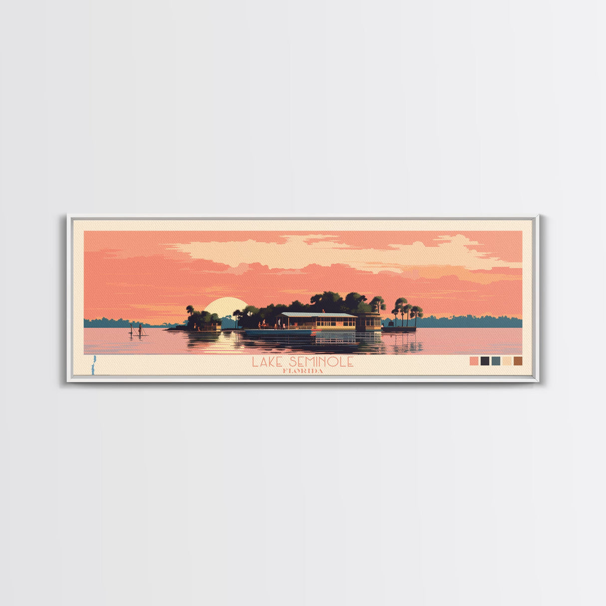 Lake Seminole Florida Framed Canvas Print, Panoramic Wall Art, Midcentury Modern, Pop Art, Bedroom Art, Travel Poster, Lake House Decor