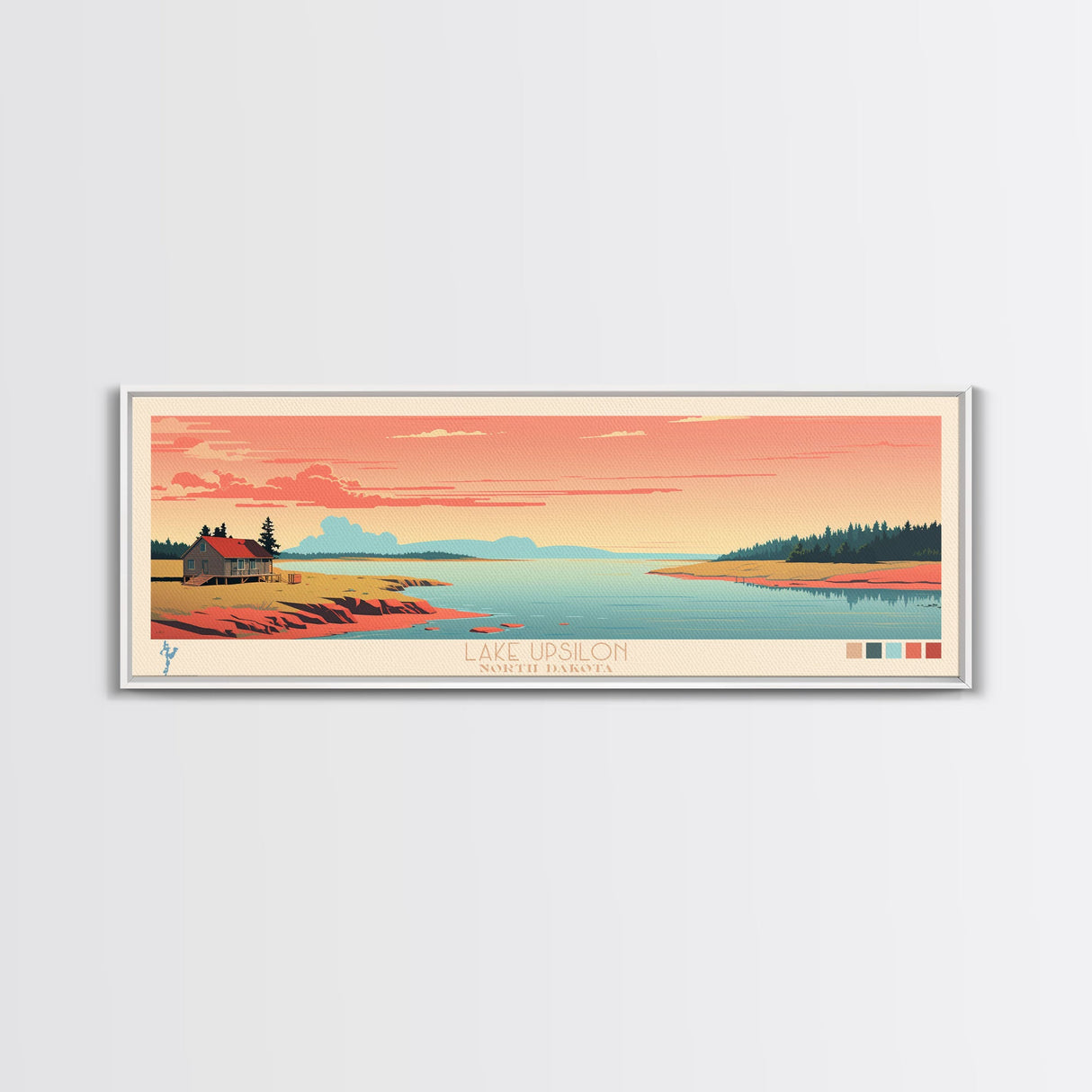 Lake Upsilon, North Dakota Panoramic Wall Art Framed Canvas Print, Midcentury Modern, Pop Art, Home Decor, Travel Poster, Living Room Art