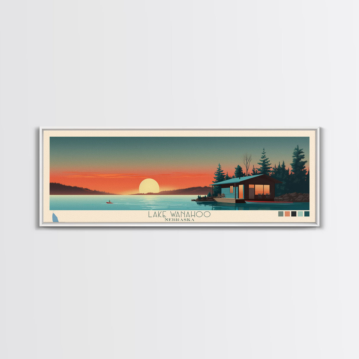 Lake Wanahoo, Nebraska Panoramic Wall Art Framed Canvas Print, Midcentury Modern, Pop Art, Home Decor, Travel Poster, Bedroom Art