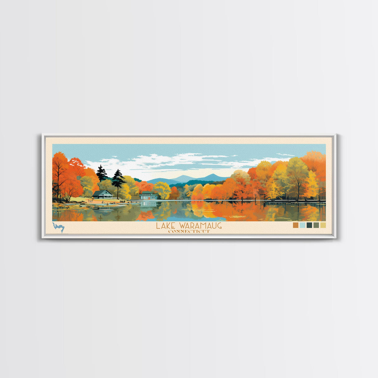 Lake Waramaug, Connecticut Panoramic Wall Art Framed Canvas Print, Midcentury Modern, Pop Art, Home Decor, Travel Poster, Living Room Art